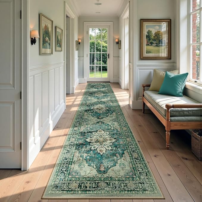Area Rugs 2'6''x12' Runner Rug Non Slip Washable for Kitchen Hallway Bedroom Beside Laundry Room Bathroom Rug, Floor Carpet, Dark Blue Vintage