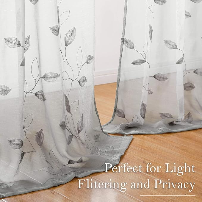 HOMEIDEAS Grey/Gray Sheer Kitchen Curtains 52 x 45 Inch Length 2 Panels Embroidered Leaf Pattern Short Curtains for Bedroom Half Small Window Rod Pocket Tiers