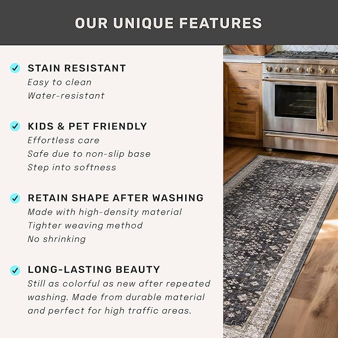 Black Washable 10ft Long Runners for Hallways, 2'6"x10' Wide Kitchen Runner Rug, Entryway Indoor Rug, Non Slip Rubber Backing Boho Vintage Floor Decor