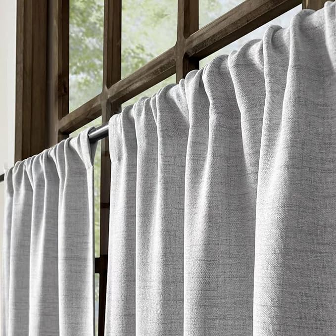 Oindec Faux Linen Kitchen Curtains 45 Inch Length Cafe Curtain Tiers for Living Room Basement Bathroom Windows Country Rustic Small Short Curtains, Set of 2, Grey