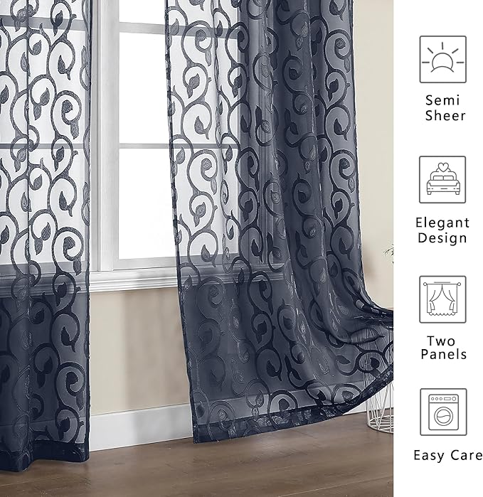 OWENIE Furman Sheer Curtains 84 inches Long for Bedroom Living Room 2 Panels Set, Clip Jacquard Solid Navy Blue Semi Sheer Curtains, Light Filtering Rod Pocket Privacy Window Curtains, 40Wx84L inch