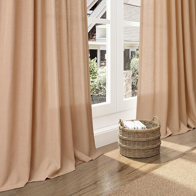 Camel Linen Curtains 84 Inches Long for Bedroom Back Tab Light Filtering Privacy Semi Sheer Drapes Modern Farmhouse Decor Camel Cotton Elegant for Living Room Curtain 2 Panels Set 52x84 Inch