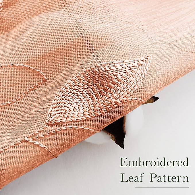 HOMEIDEAS Fall Burnt Orange Sheer Kitchen Curtains 30 X 24 Inch Length 2 Panels Embroidered Leaf Pattern Short Curtains for Small Window Valance Tiers
