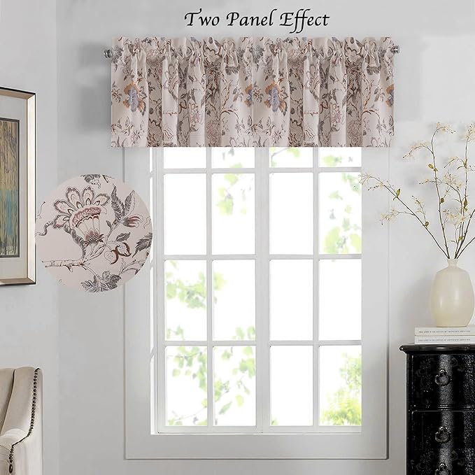 H.VERSAILTEX Blackout Curtain Valances for Kitchen Window/Living Room/Bathroom Privacy Added Rod Pocket Home Decoration Winow Valance, 52" W x 18" L, Floral in Sage and Brown (Pack of 4)