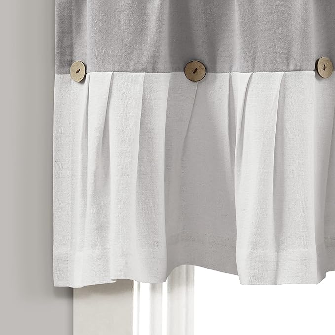 Lush Decor Linen Button Farmhouse Valance Curtians 52"W x 18"L Gray & Off White - Linen Valances For Windows - Kitchen Curtains Valances