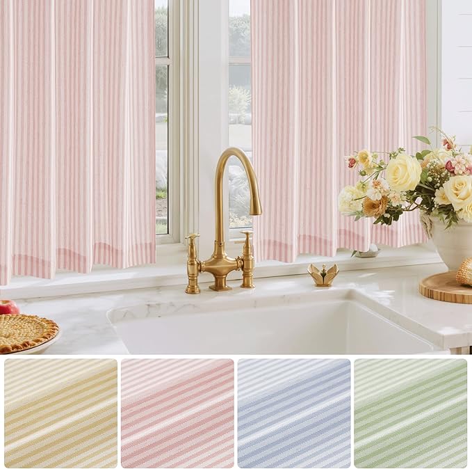 RYB HOME Cafe Striped Curtains for Kitchen Bathroom Small Window, Linen Pinstripe Drapes Valance 36 inch Length for Living Room Short Tier Boho Rustic Farmhouse, Pink, W26 x L36, 2 Panels