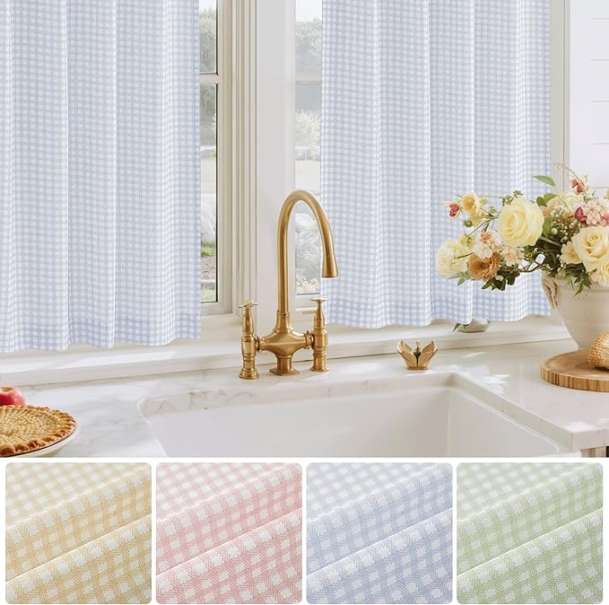 RYB HOME Checkered Cafe Curtains 24 inch Length, Linen Gingham Small Window Treatment Vintage Farmhouse Plaid Curtains Valance for Kitchen Living Room Bathroom, Blue, W26 x L24, 2 Panels