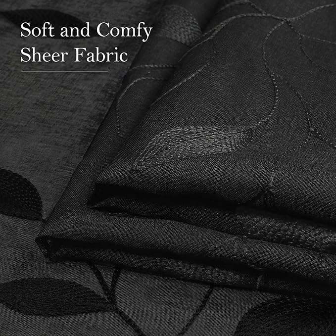 HOMEIDEAS Black Sheer Curtains 52 X 84 Inches Length 2 Panels Black Embroidered Leaf Pattern Gothic Faux Linen Floral Semi Sheer Voile Window Curtains/Drapes for Bedroom Living Room
