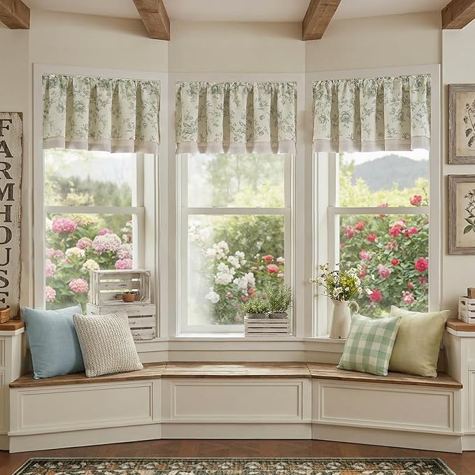 jinchan Amlie Floral Linen Valance Curtain Farmhouse Kitchen Valance for Living Room Laundry Light Filtering Double Layer Cottagecore Window Treatment Rod Pocket 1 Panel 16 Inch Sage Green on Linen