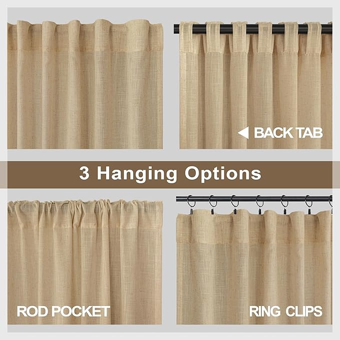 Burlap Color Curtains 84 Inch Length for Living Room 2 Panels Back Tab Pocket Primitive Drapes Flax Linen Country Cotton Light Filtering Sheer Tan Brown Curtains for Bedroom Farmhouse Decor 7 FT Long
