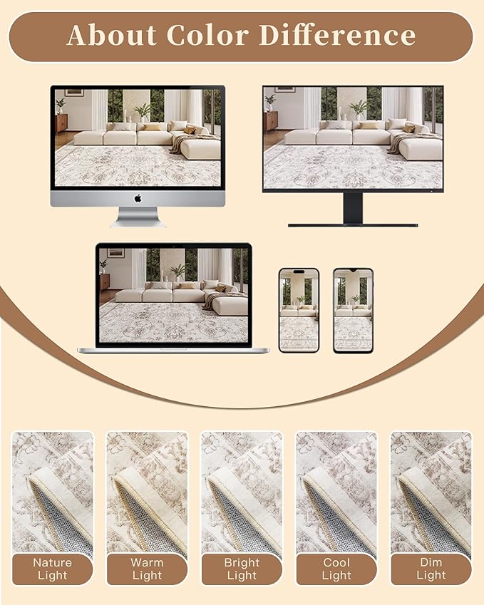 Madane Washable 6x9 Area Rugs for Living Room, Vintage Natural Rug with Non-Slip Backing, Soft Stain Resistant Throw Rugs Thin Carpet for Bedroom Dining Room Farmhouse (6 x 9, Brown/Ivory)