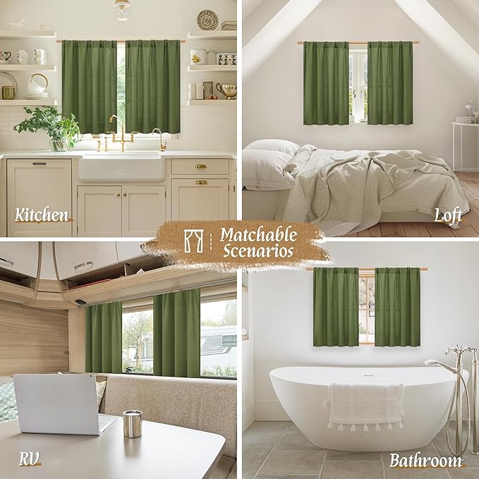 LAMIT Faux Linen Curtains 63 inches Long for Bedroom, Rod Pocket Thick Linen Drapes Light Filtering Privacy Window Christmas Decor Curtains for Living Room, 2 Panels (52 x 63 Inch, Olive Green)