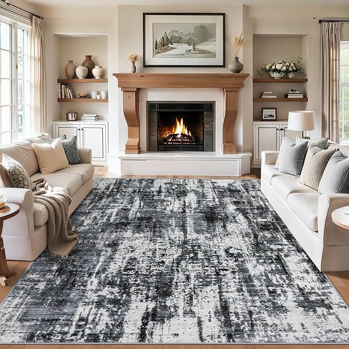 Area Rugs Living Room Rug - 5x7 Washable Modern Abstract Soft Neutral Non-Slip Carpet Large Indoor Floor Thin Carpets for Bedroom Dining Room Farmhouse Nursery Home Office Black