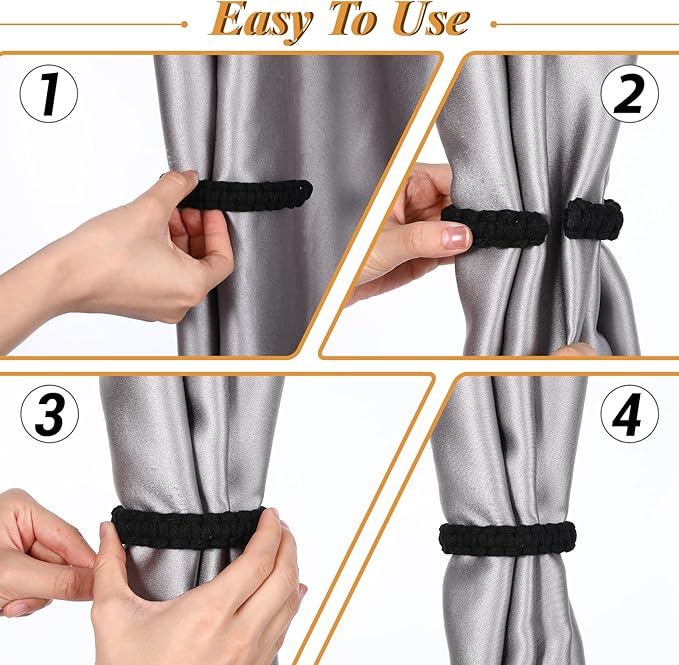 Ptwola 2 Pack Braided Curtain Tiebacks Boho Elegant Rustic Curtain Holdbacks Tie Backs Holders Set Simple Light Weight Drapes Decorative Accessories Handmade for Home Office Bedroom Window (2, Black)