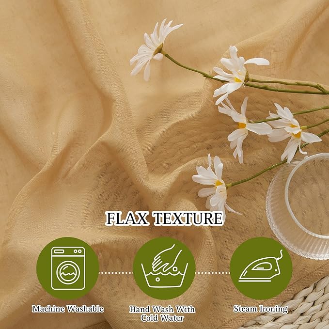 NICETOWN Sheer Linen Bedroom Curtains 96 inch Long, Grommet Privacy Semi Light Filtering Faux Flax Sheer Window Drapes for Living Room, Desert Yellow, W52 x L96, 1 Pair