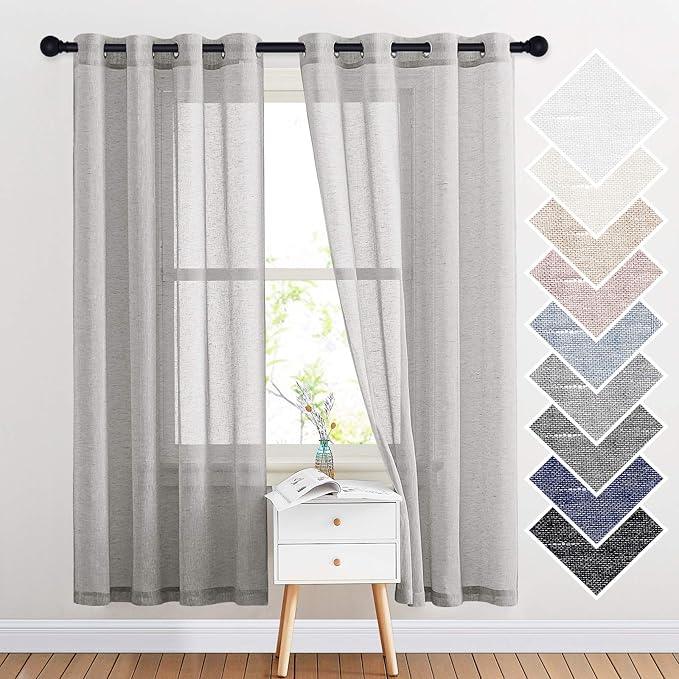 NICETOWN Linen Textured Semi Sheer Curtains 72 inches Length, Eyelet Top Bedroom Window Privacy Translucent Light Filtering Flax Sheer Drapes for Guest Room, 52 inches Wide, 2 Panels, Grey
