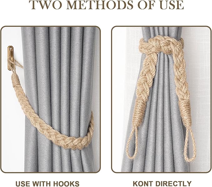 NICEEC 2 Pack Natural Jute Rope Curtain Tiebacks Elegant Boho Style Decorative Drape Tie Backs Soft Hand-Woven Rope Curtain Holdbacks with Metal Hook for Home & Office Drapery (Jute)