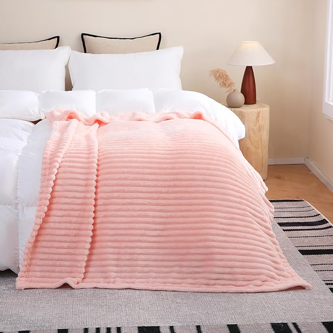 Valentines Day Decorations Light Pink Fleece Throw Blanket 50”×60” for Couch Sofa Bed,Super Soft Cozy Plush Microfiber Flannel Blanket with Stripes Design Lightweight for Adults,Woman,Girls