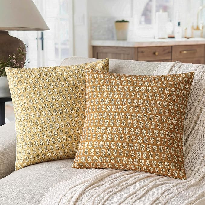 Foindtower Set of 2 Decorative Vintage Floral Print Throw Pillow Cover Neutral Modern Farmhouse Cushion Covers Boho Home Decor For Sofa Couch Chair Bedroom Living Room Outdoor,18×18 Inch,Golden Orange