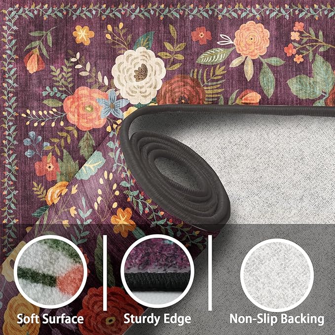 Rug for Hallways Kitchen Rug 2'6" x 14', Non Slip Washable Rugs with Rubber Backing Soft Floral Carpet Runner for Hallways, Kitchen, Laundry, Bedroom, Bathroom(2.6 x 14, Purple Lawn)