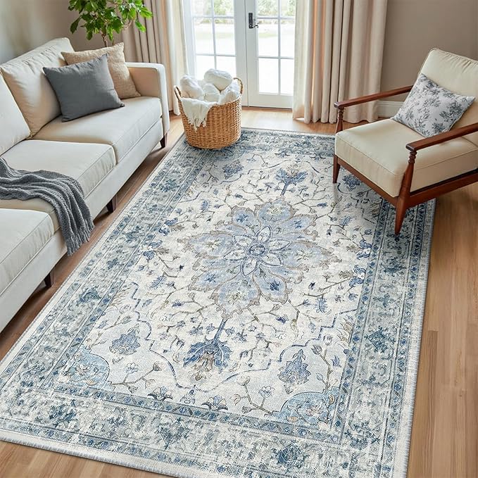 Area Rugs 5'x8' Washable Non-Slip, Floral Vintage Distress Print Pattern Medallion Carpet for Living Room Bedroom Dining Room, Light Blue Navy Beige Gray White
