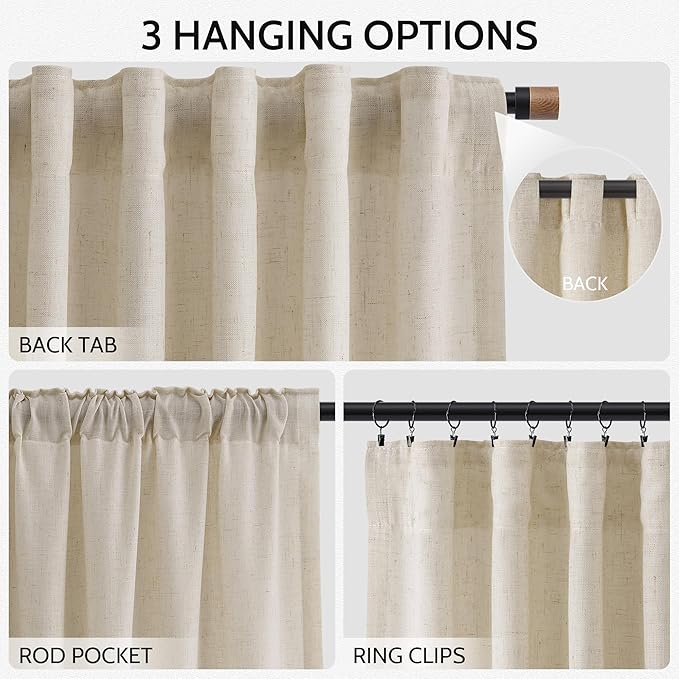 Nanspring Extra Long 120 Inch Curtains for Living Room Boho Linen Light Filtering Semi Sheer Curtain Back Tab Eclectic Home Decor Modern Floor to Ceiling High Window for Bedroom 52x120, 2 Panels