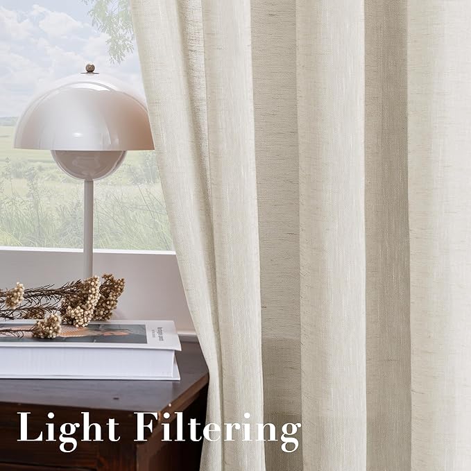 H.VERSAILTEX Linen Curtains Flax Linen Blended Curtain Panels for Living Room/Bedroom Semi Sheer Privacy Curtains 108 inch Length 2 Panels Set Nickel Grommet Window Drapes, Natural