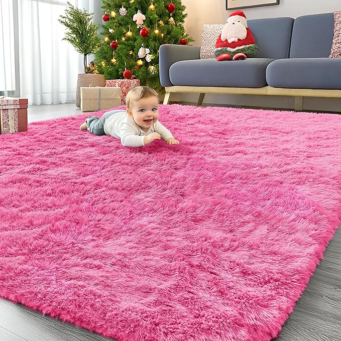 OLANLY 6x9 Machine Washable Large Area Rugs for Living Room, Bedroom, Soft Fluffy Shaggy Bedside Rug, Indoor Floor Carpet for Kids Girls and Boys, Dorms, Nursery, Home Decor Aesthetic, Hot Pink