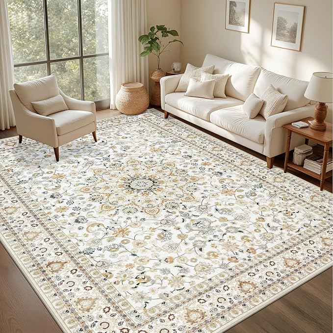 Area Rugs 10x14 Living Room Rug: Washable Rug Soft Vintage Boho Carpet Indoor Floor Non-Slip Stain Resistant Large Carpets for Bedroom Dining Room Farmhouse Nursery Home Office Beige