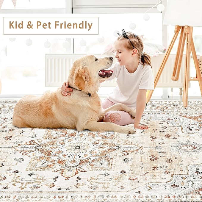 Washable Rugs 8x10 Area Rugs for Living Room,Rugs for Bedroom,Large Carpets,Ultra Soft Faux Wool Retro Dining Room Rug,Non Slip&Non-Shedding Low Pile Vintage Print Rug for Home Office,Orange