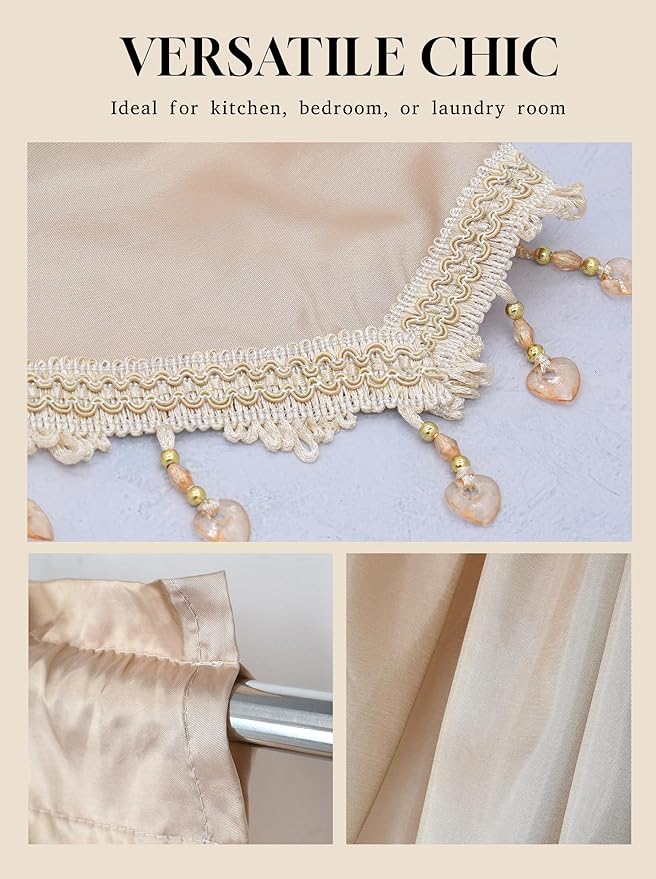 Molaxhome Swag Curtain 51 inch Length Rod Pocket Scalloped Curtain Valance Sheer Lace Panels with Hanging Crystal Beads for Kitchen Bedroom Window Treatments Drape Decor 1pc (Cloth Beige, 51Wx23L)