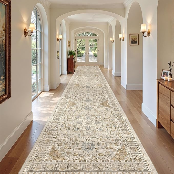 Madane 3x20 Hallway Runner Rug - Extra Long Carpet Runners for Hallways 20ft Non Slip Stain Resistant Rugs Runner for Living Room Bedroom 20 Feet Distressed Floor Carpet for Kitchen, Beige/Blue