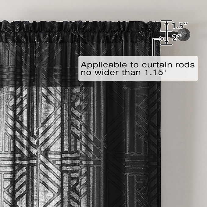 Simplebrand Black Semi Sheer Curtains 54 Inch Length 2 Panels, Geometric Jacquard Clip Textured Short Sheer Curtains for Bedroom，Modern Elegant Window Curtains Drapes/Treatment Sheer，42x54 inch