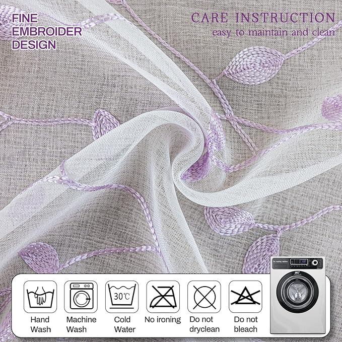 AmHoo 2 Panels Embroidered Leaf Pattern Semi Sheer Curtains Foliage Floral Voile Window Draperies Treatment for Bedroom Living Room Rod Pocket White Lavender Purple 53 x 84 Inch