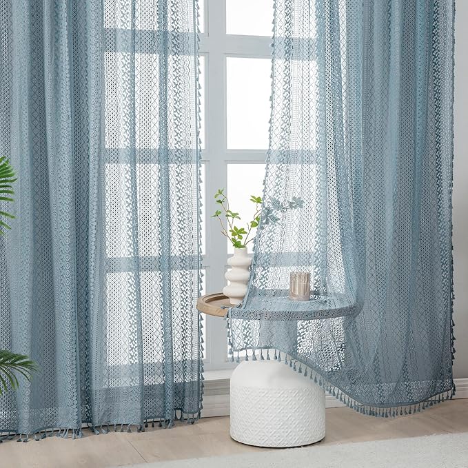 WAZZIO Boho Lace Curtains 84 Inches 2 Panel,Light Filtering Privacy Tassel & Geometry Crochet Semi Sheer Curtain Drapes for Bedroom Living Dining Room,Rod Pocket & Tassel,Light Slate Blue
