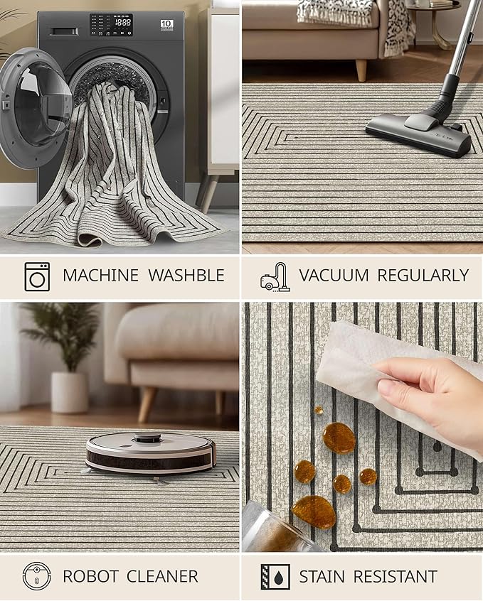 Latte&Fog 6x9 Area Rugs for Living Room Bedroom, Beige Modern Abstract Washable Rug, Boho Non Slip Low Pile Carpet for Indoor Dining Room, Office, Dorm, Classroom, Farmhouse and Kids Room - Beige