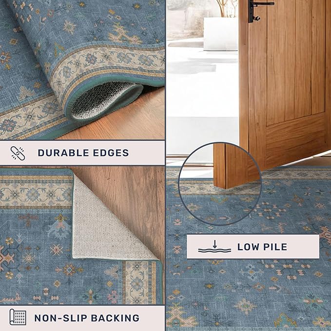 Hazo Haus Non Slip 10ft Long Hallway Runner Rug Blue - 2 x 10 Runner Rug, Washable & Waterproof 2x10 Kitchen Floor Mat - Modern Eclectic Boho Design Décor