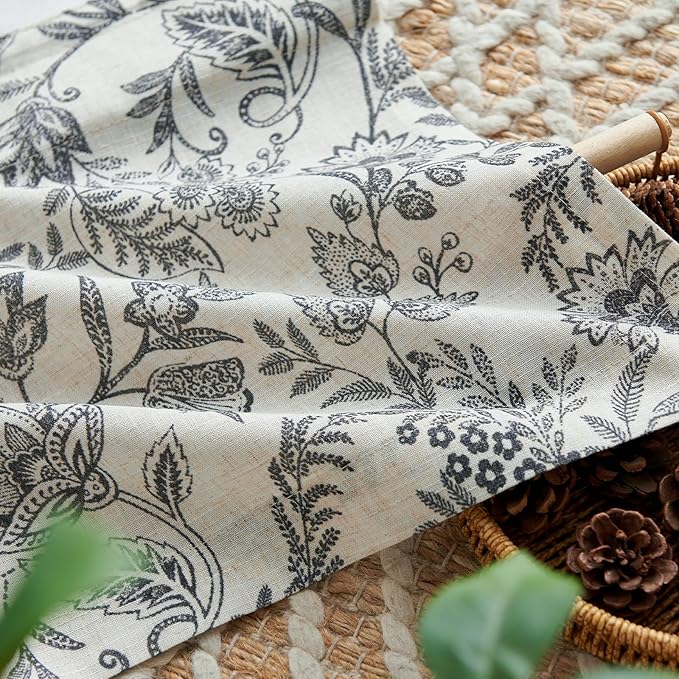 jinchan Linen Valance Curtain Farmhouse Floral Printed Small Window Curtain for Kitchen Rustic Light Filtering Valance for Living Room Bedroom Bathroom 16 Inch Rod Pocket 1 Panel Black on Beige