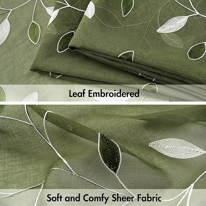 MIULEE Olive Green Sheer Curtains 2 Panels Embroidered Leaf Patterned Rod Pocket Floral Semi Faux Linen Window Curtains Drapes Set for Living Room Bedroom Dining Room, 52x84 Inches Long