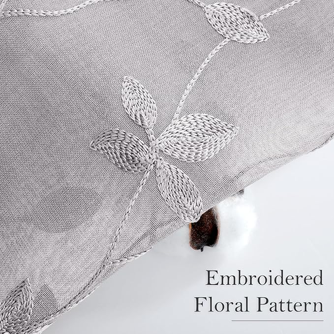 HOMEIDEAS Light Grey Sheer Curtains 52 X 63 Inches Length 2 Panels Embroidered Vine Floral Pattern Pocket Faux Linen Semi Sheer Voile Window Drapes for Bedroom Living Room