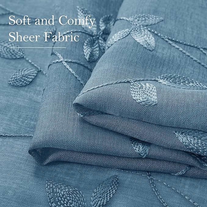 HOMEIDEAS Cyan Blue Sheer Curtains 52 X 96 Inches Length 2 Panels Embroidered Vine Floral Pattern Pocket Faux Linen Semi Sheer Voile Window Drapes for Bedroom Living Room