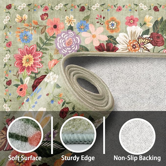 Rug for Hallways Kitchen Rug 3x7, Non Slip Washable Rugs with Rubber Backing Soft Floral Carpet Runner for Hallways, Kitchen, Laundry, Bedroom, Bathroom(3 x 7, Green Garden)
