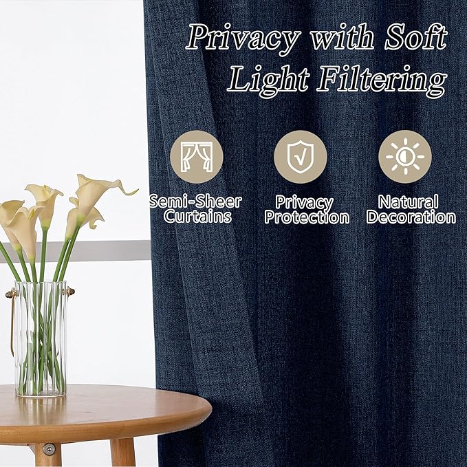 OVZME Navy Blue Valance for Windows, Light Filtering Faux Linen Textured Small Kitchen Valances for Windows, Dual Rod Pocket Farmhouse Short Curtain for Bathroom Basement, 60Wx22L inch, 1 Piece
