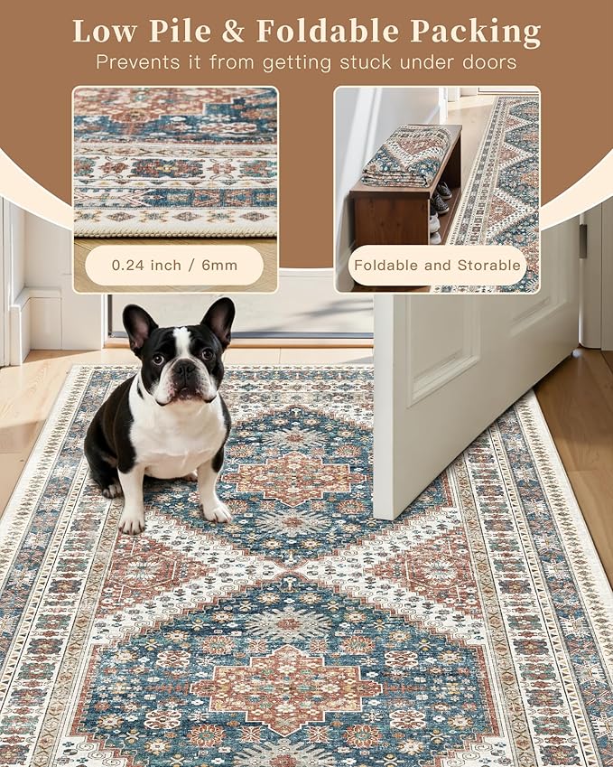Madane Washable Area Rug 2x3, Small Entryway Rug Non-Slip Vintage Door Mat Indoor Entrance, Low Pile Floor Carpet for Inside Front Door Bedroom Kitchen Entry Laundry (2'x3', Navy Blue)