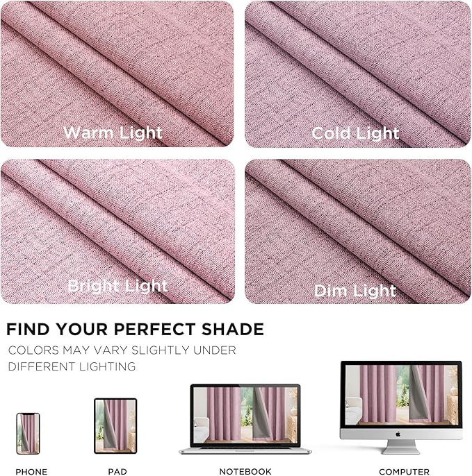Joydeco Linen Blackout Curtains for Bedroom - 100% Light Blocking 1 Panels, Pink Drapes 70" W x 90" L, Thermal Insulated Room Darkening Curtains for Living Room, Rod Pocket & Back Tabs