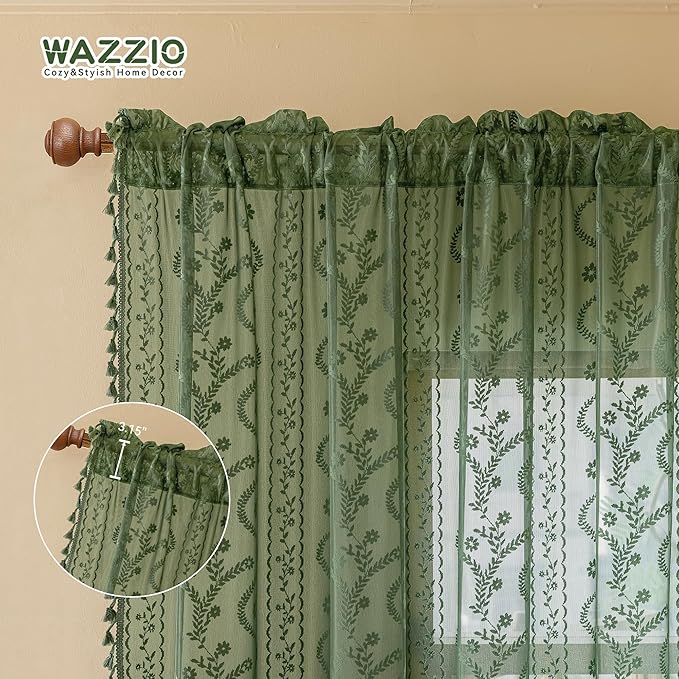 WAZZIO Boho Lace Curtains 2 Panels 72 Inches -Vintage Victorian Sheer Panel Drape French Country Floral Pattern & Tassel Light Filtering Privacy for Bedroom Dining Living Room,Dark Sage Green,W52x L72
