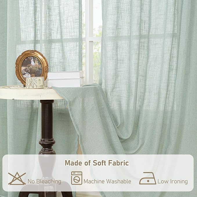 LAMIT Light Sage Linen Sheer Curtains for Bedroom, Faux Linen Textured Light Filtering Drapes Back Tab and Rod Pocket Boho Burlap Panels for Farmhouse/Living Room, 2 Panels, 52 x 84 Inch