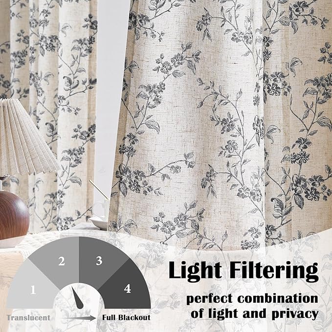 Lazzzy Black Floral Linen Curtains 96 Inch Farmhouse Back Tab Drapes for Living Room Bedroom Light Filtering Vintage Grandmillennial Rod Pocket Curtains, 2 Panels, W38 x L96, Black on Beige