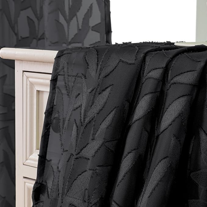 Lecloud Leia Clip Textured Leaf Black Sheer Curtains 63 Inch Length 2 Panels, Light Filtering Jacquard Voile Curtain with Dual Rod Pockets, Kitchen/Living Room/Bedroom Window Drapes, 38x63 Inches