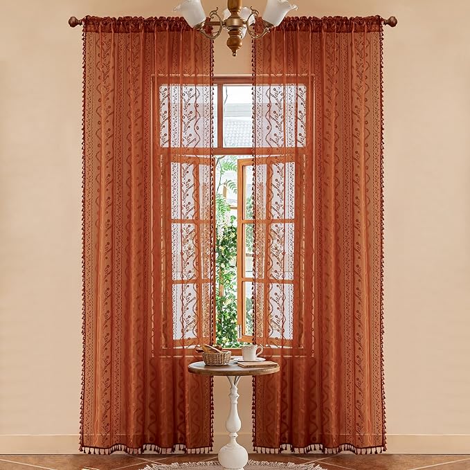 WAZZIO Boho Lace Curtains 84 Inch 2 Panels-Vintage Sheer Panel Drape Floral Pattern & Tassel Light Filtering Privacy for Bedroom Dining Living Room,Cottage Earthy Full Decor Terracotta,W52 x 84L